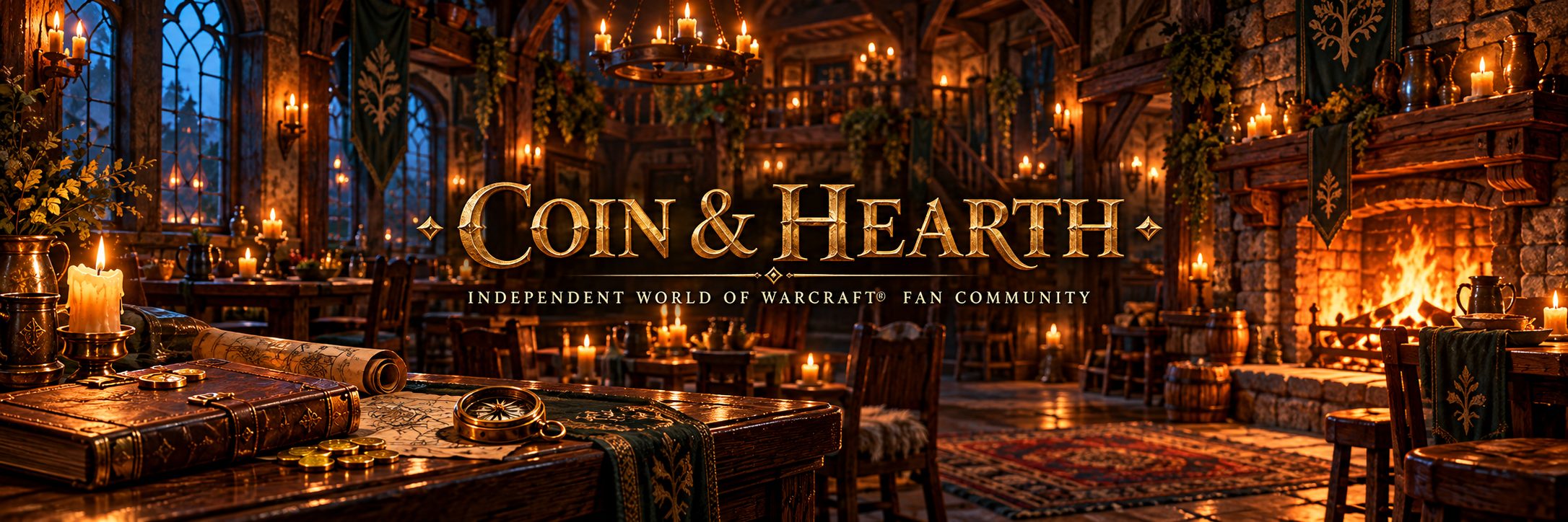 Coin & Hearth, an independent World of Warcraft fan community: a candlelit tavern hall with a roaring fireplace, a ledger, a map and gold coins on the table