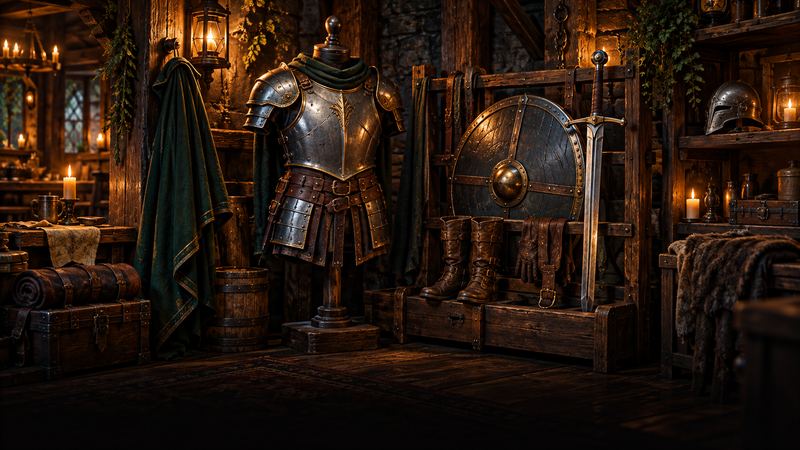 A suit of armor on a stand beside a shield and sword