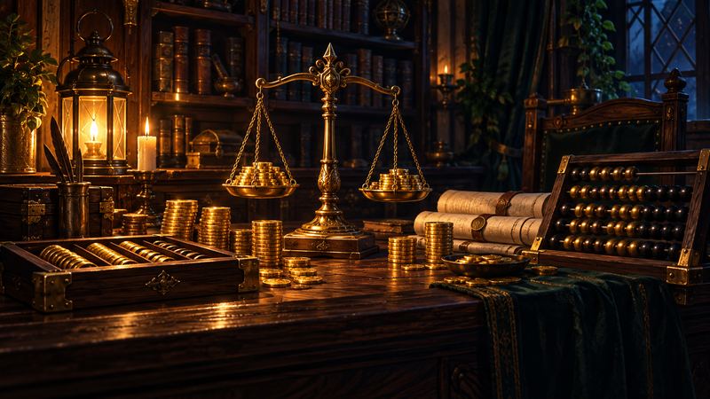 Brass scales weighing stacks of gold coins beside an abacus