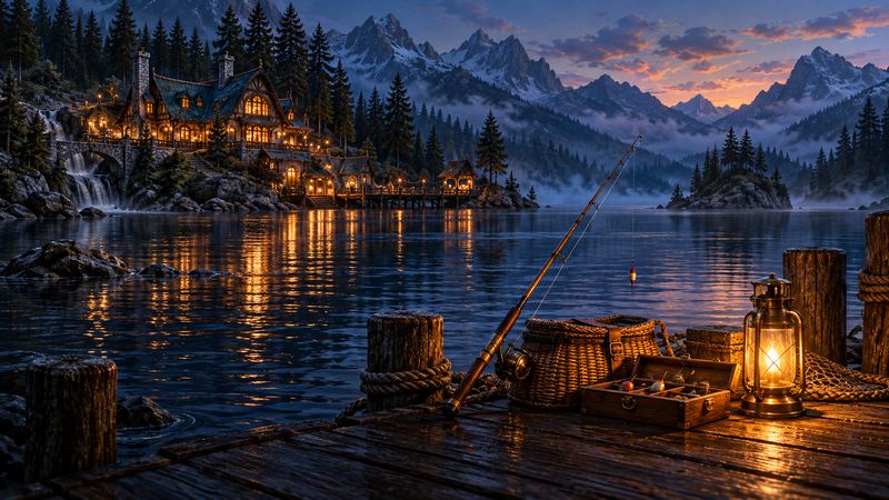 A fishing rod and lantern on a dock at dusk by a mountain lake