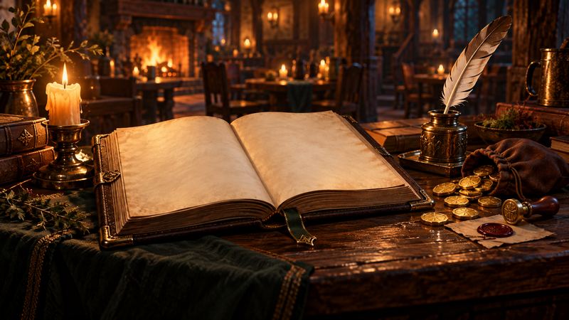 An open ledger by candlelight beside a pouch of gold coins