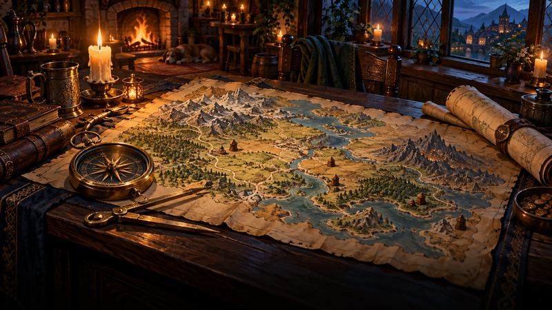 A painted parchment map with a compass on a tavern table