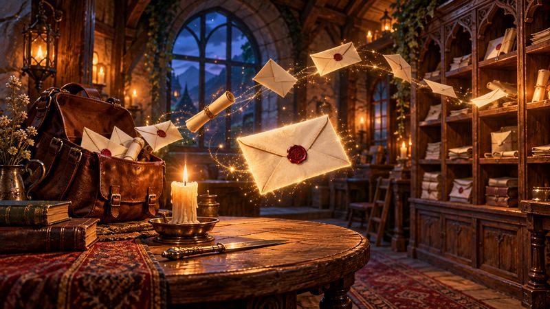 Sealed letters flying from a satchel across a candlelit post room