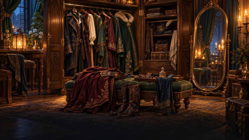 A wardrobe of embroidered robes and coats beside a tall mirror