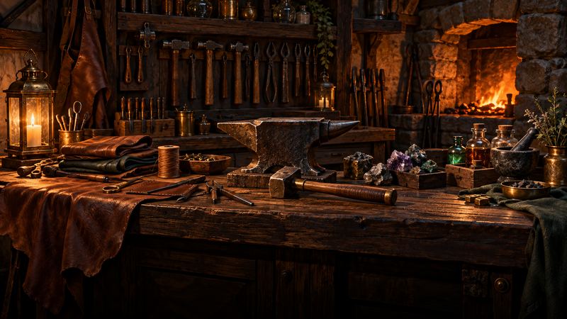 An anvil and hammer on a workbench with leather, gems and potions